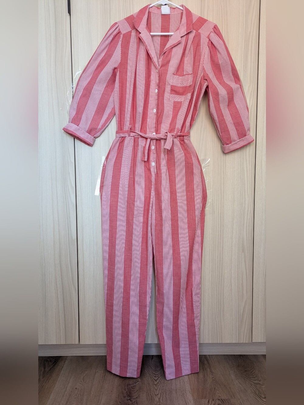 Vintage Striped Pink Button-Up Jumpsuit with Waist Tie